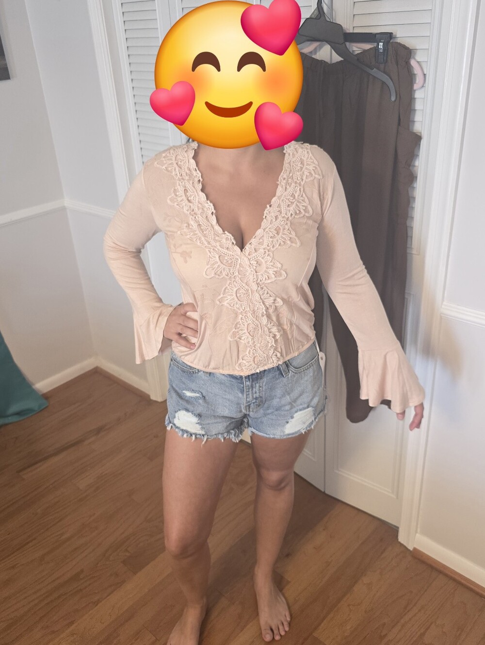 Women's Cream Lace-Trim V-Neck Blouse